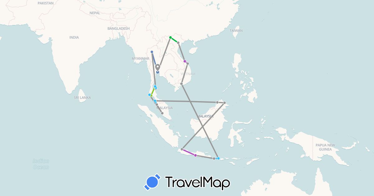 TravelMap itinerary: driving, bus, plane, cycling, train, boat, electric vehicle in Indonesia, Malaysia, Thailand, Vietnam (Asia)