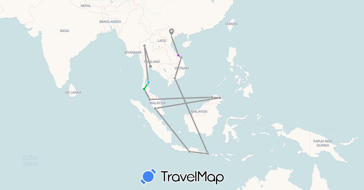 TravelMap itinerary: driving, bus, plane, train, boat in Indonesia, Malaysia, Thailand, Vietnam (Asia)